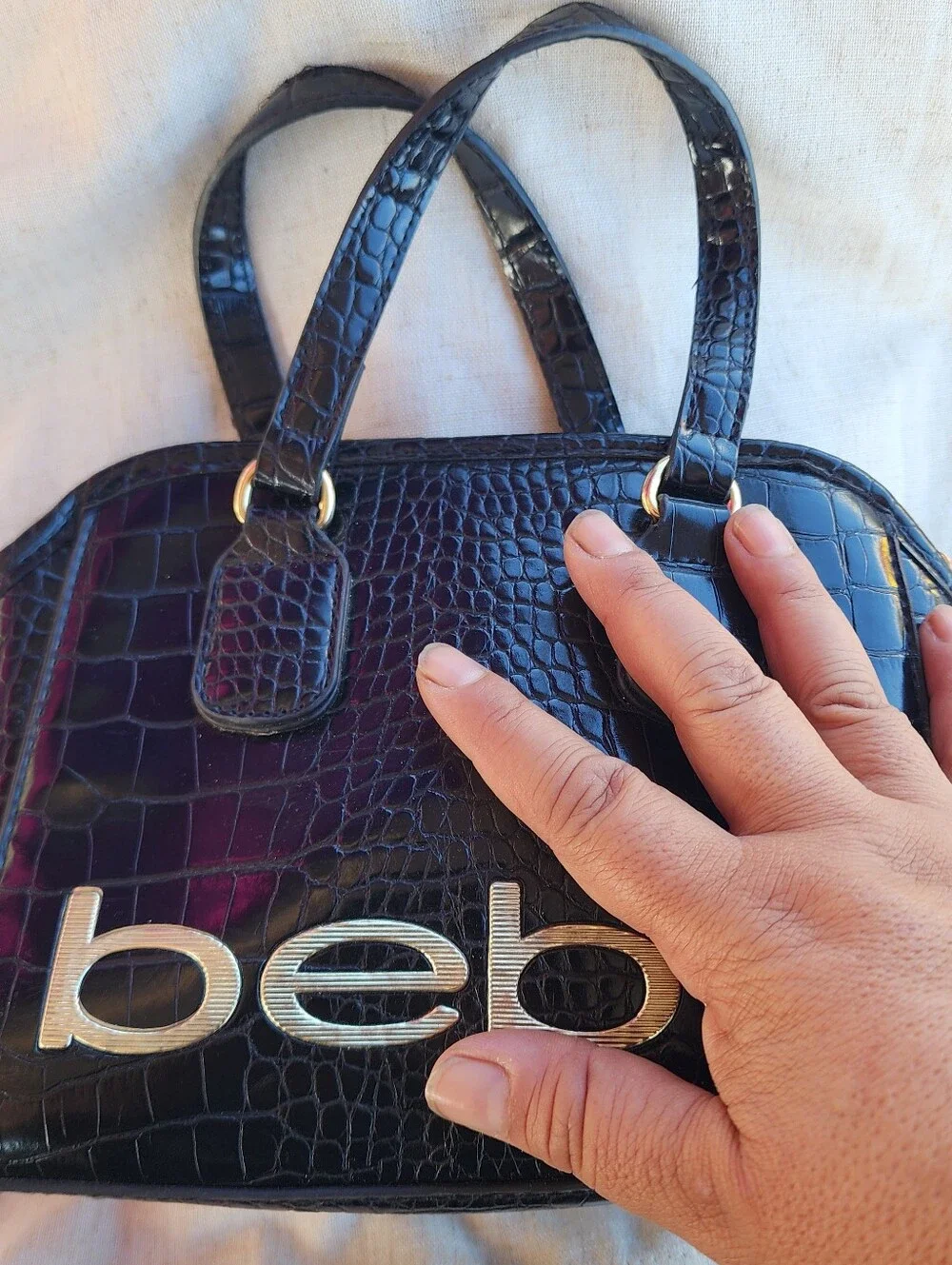 bebe Black Croc-Embossed Patent Satchel with Silver Logo